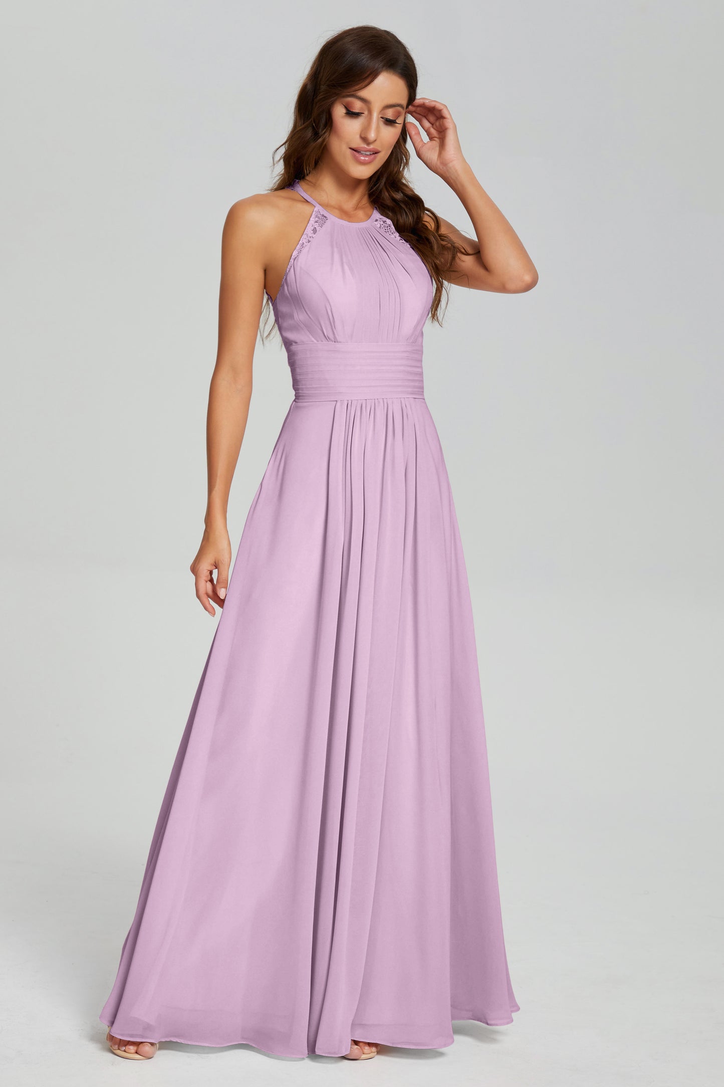 Halter Pleating Lace Chiffon Prom Dresses
