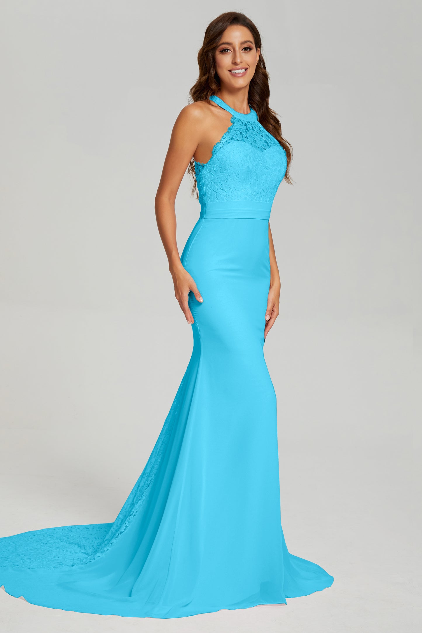 Mermaid Halter Lace Prom Dresses With Trailing