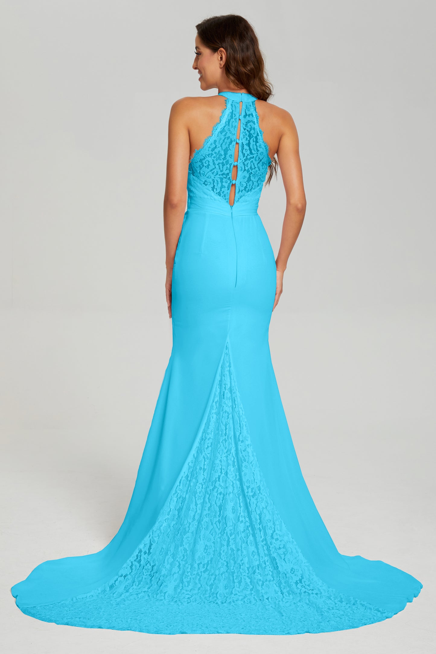 Mermaid Halter Lace Prom Dresses With Trailing