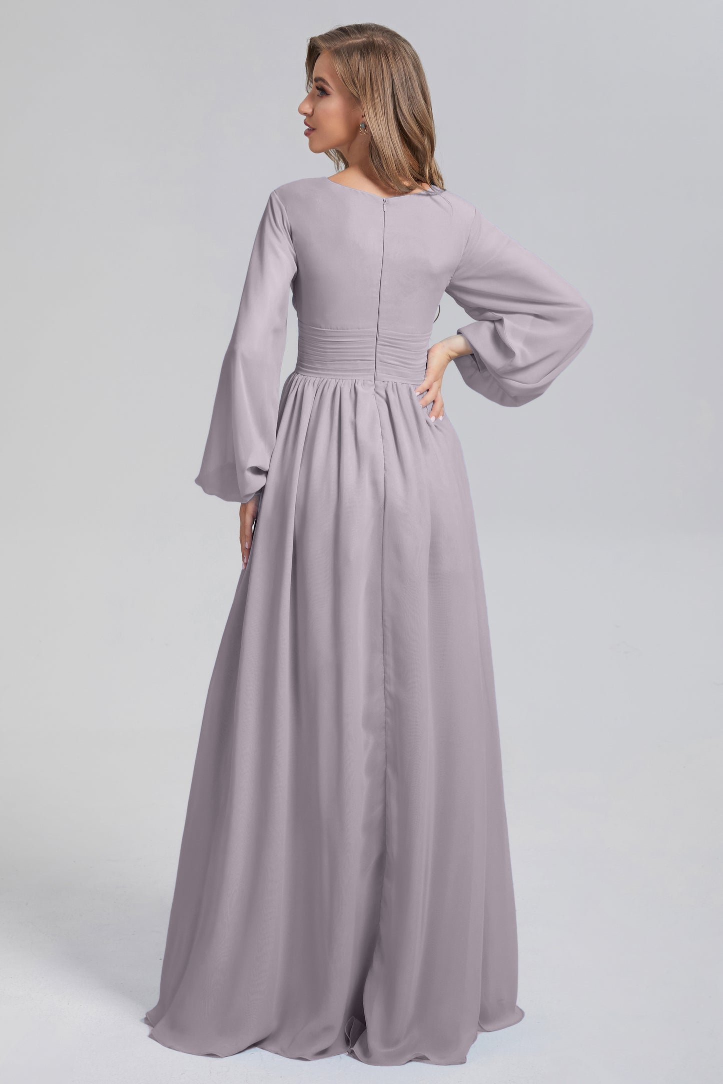 Long Sleeve Split Chiffon Prom Dresses