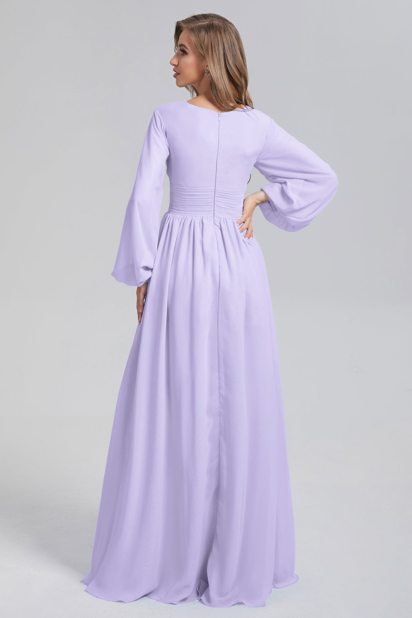 Long Sleeve Split Chiffon Prom Dresses