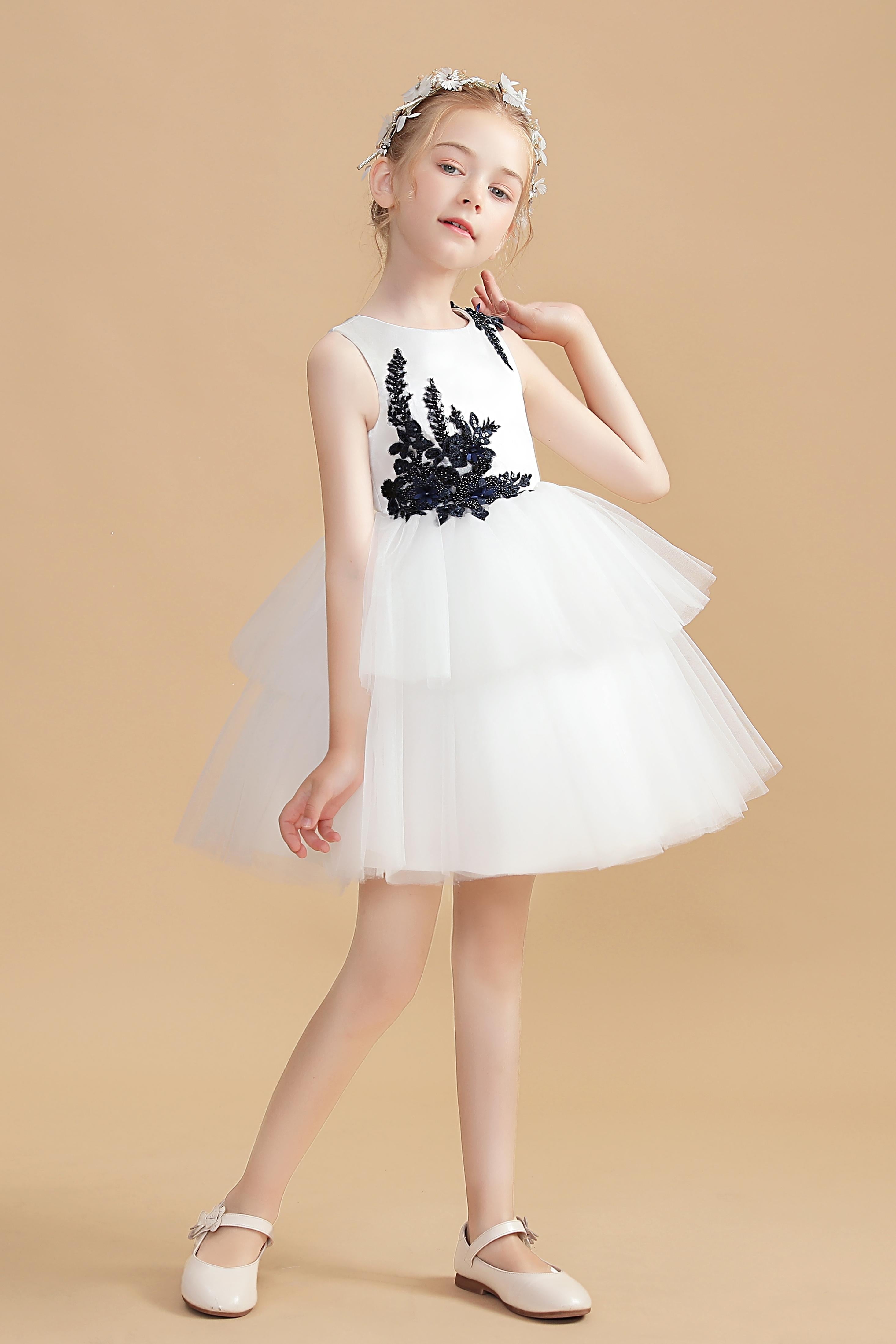 Short Ivory Flower Girl Dresses With Black Appliques