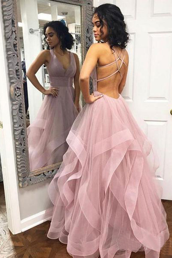 Chic Spaghetti Straps V Neck Backless Floor Length Simple Princess Dresses Prom Dresses P970