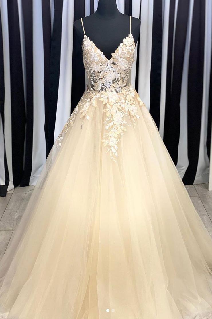 Champagne V Neck Tulle Lace Long Prom Dress Evening Dress