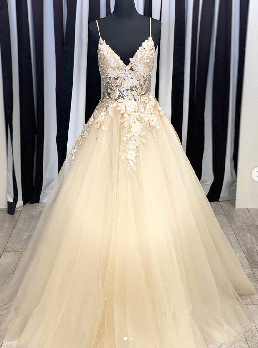 Champagne V Neck Tulle Lace Long Prom Dresses Evening Dresses