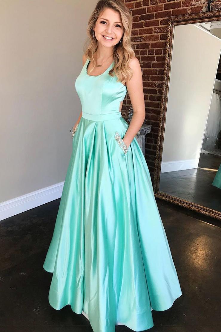 Simple Green Sleeveless Open Back Satin Long Evening Dress