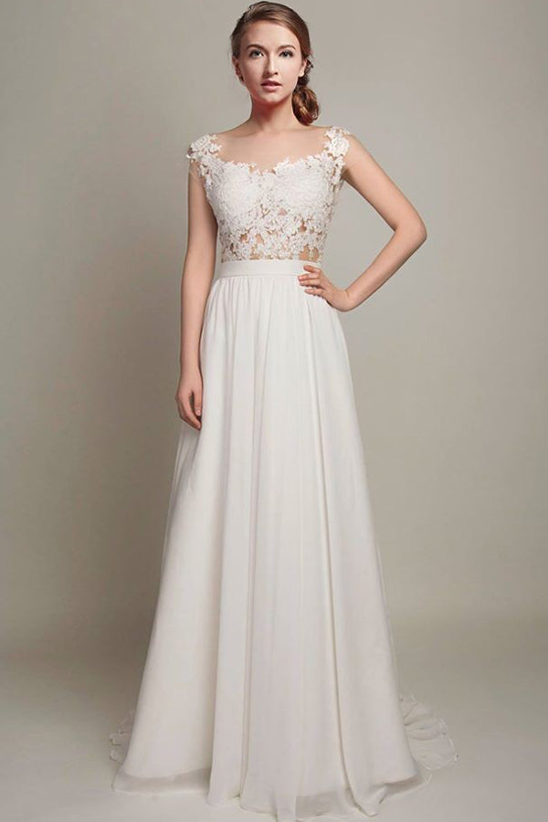 Elegant Ivory Lace Chiffon Long A Line Brush Train Cap Sleeves Beach Wedding Dresses For Bride