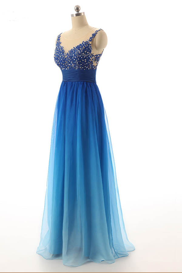 Ombre A Line Floor Length Sleeveless Sheer Back Appliques Beading Prom Dress,Party Dress