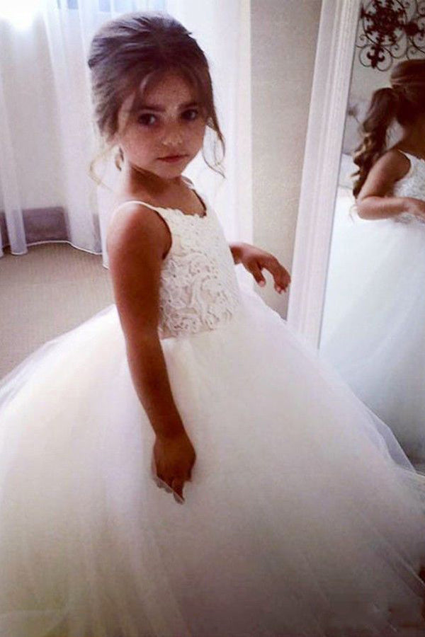 A Line Floor Length Spaghetti Sleeveless Appliques Flower Girl Dresses F28 - Ombreprom