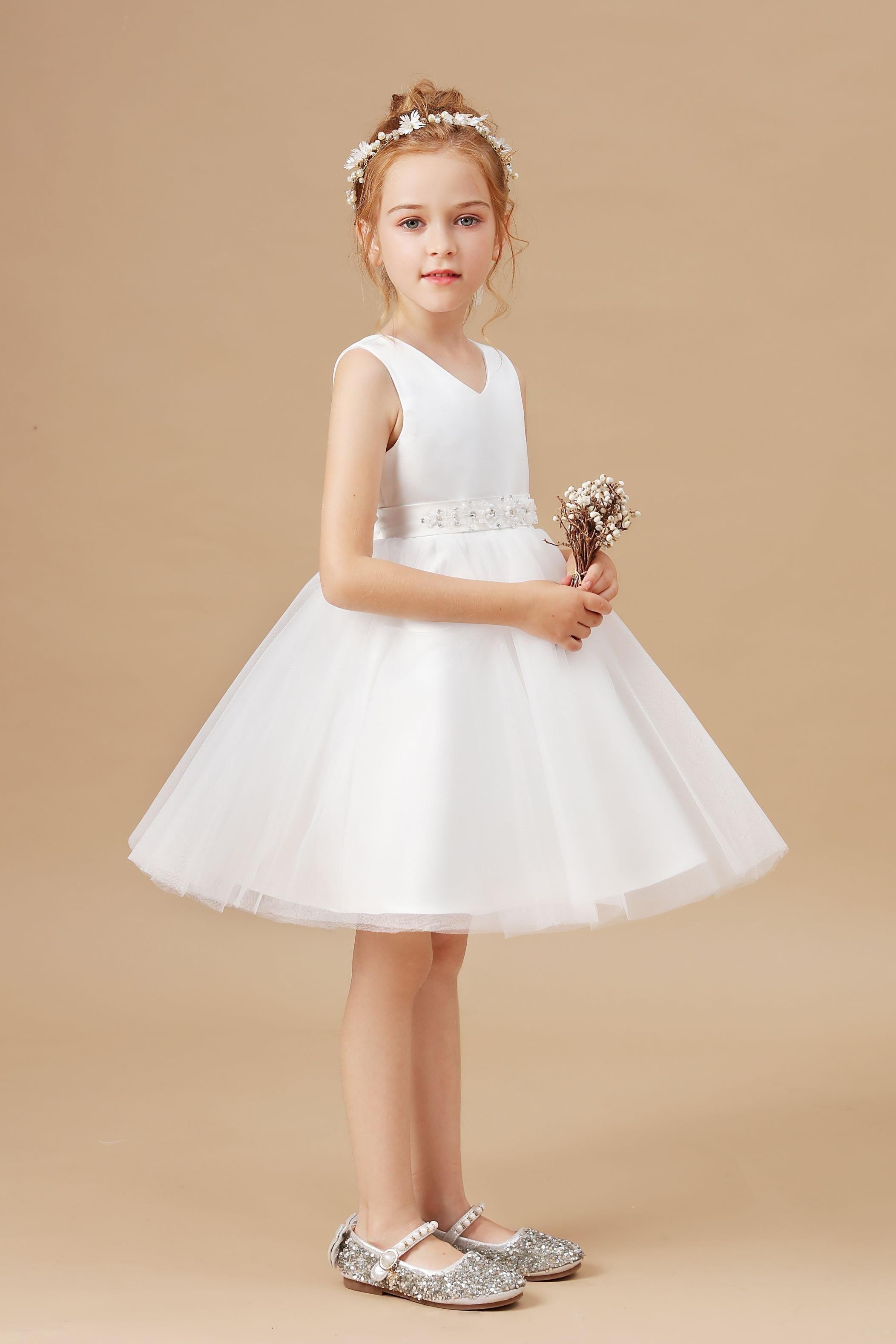 Sleeveless Ivory V-neck Tulle Satin Flower Girl Dresses With Bowknot