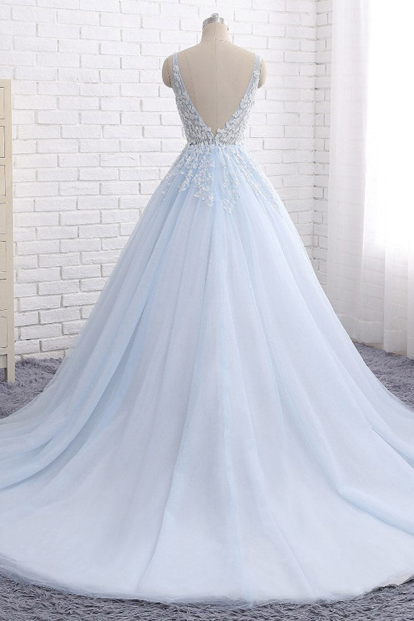 Ball Gown Chapel Train V Neck Sleeveless Backless Appliques Prom Dress,Party Dress P484 - Ombreprom