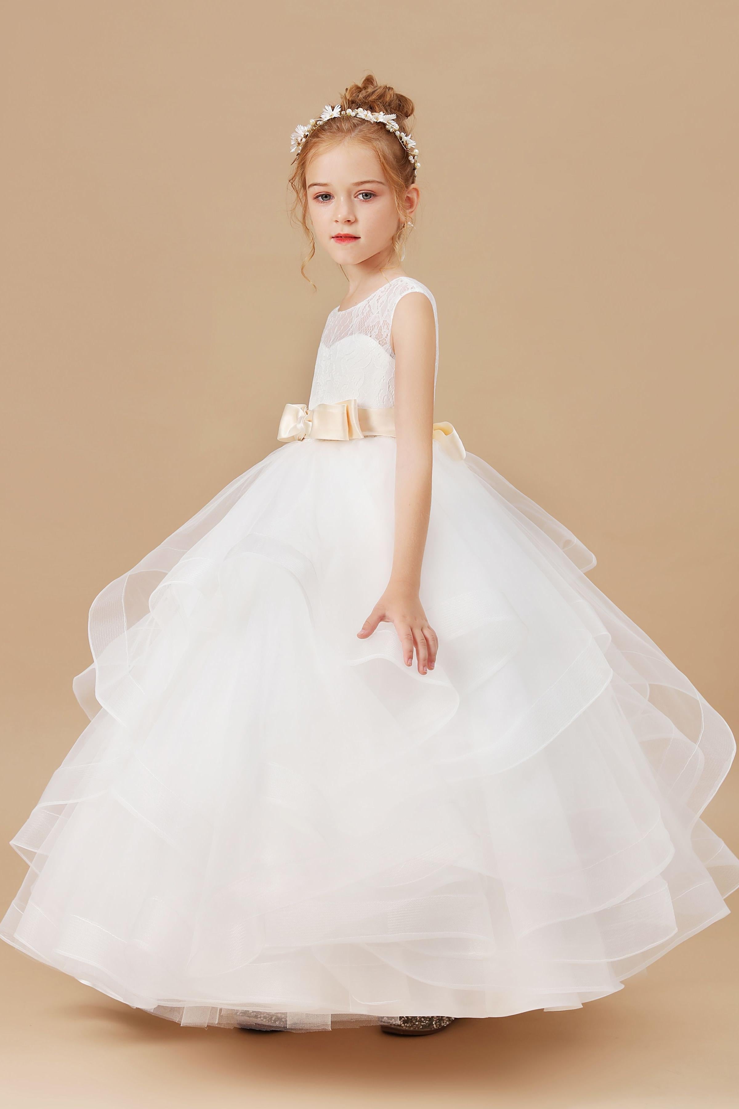 Ivory Multi-layered Tulle Ruffled Satin Flower Girl Dresses With Champagne Bow Front and Back