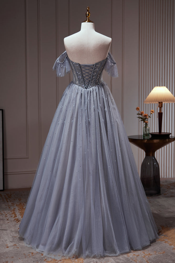 Chic Dusty Blue Beading Ball Gown Off The Shoulder A Line Tulle Long Prom Dresses