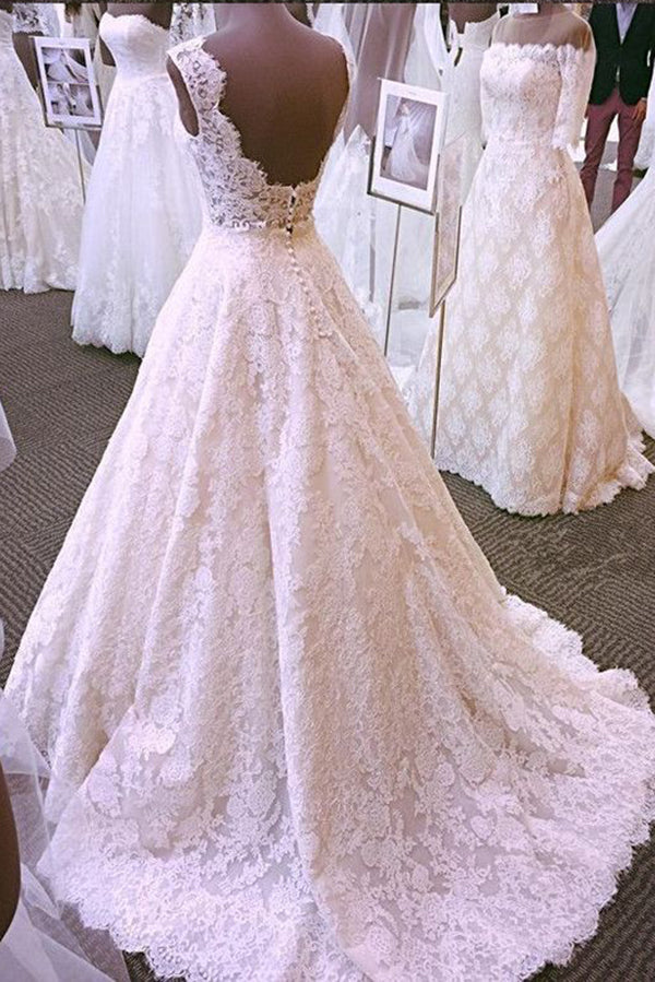 Chic Round Neck Open Back A Line Sleeveless Lace Appliques Wedding Dresses