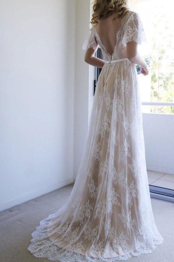 Romantic Open Back V Neck Short Sleeves Wedding Dresses