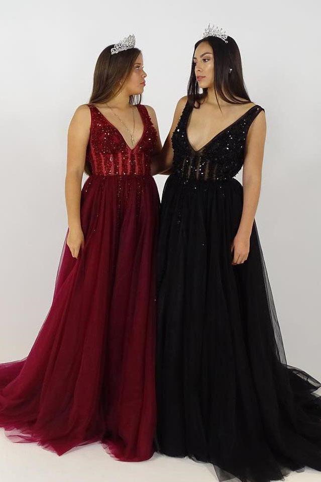 Burgundy V Neck Tulle A-line Beaded Long Prom Dress