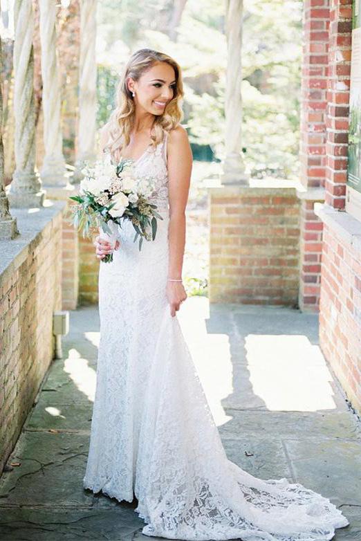 Beautiful V Neck Lace Long Mermaid Beach Wedding Dresses