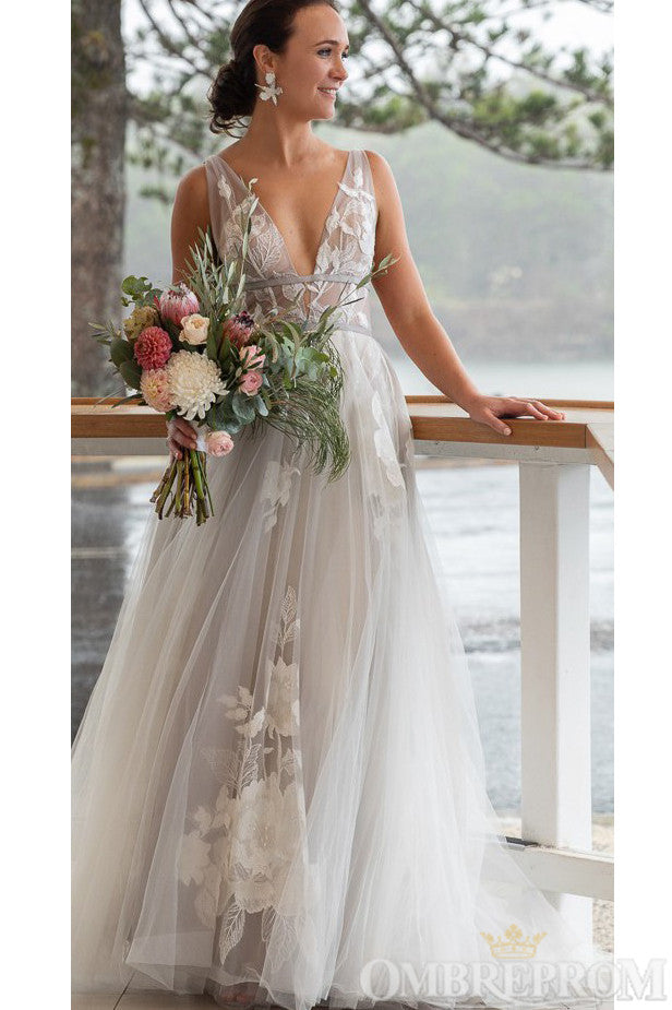 Charming V Neck Tulle Wedding Dresses with Appliques