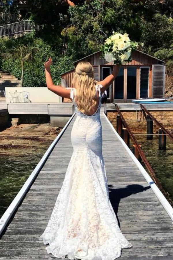 Delicate V Neck Mermaid Lace Wedding Dresses