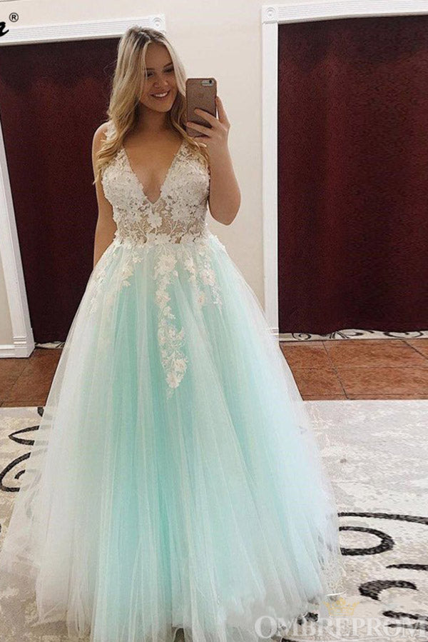 Elegant Deep V Neck Ball Gown Sleeveless Prom Dresses with Appliques