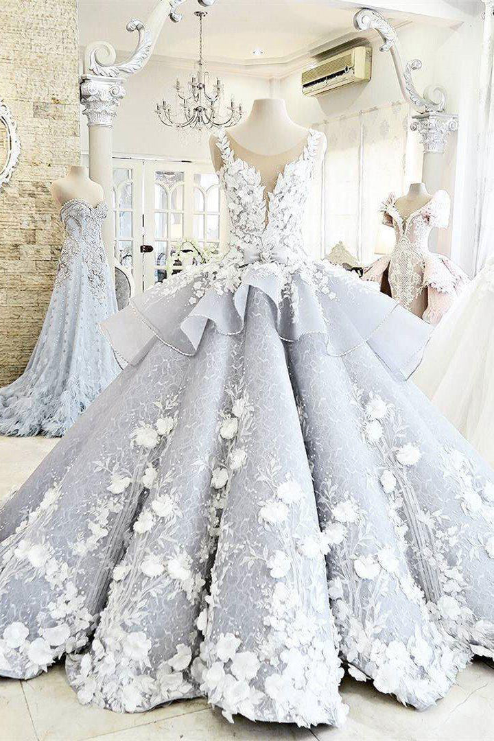 Luxury Sleeveless Ball Gown Princess Wedding Dresses with Flower Applique