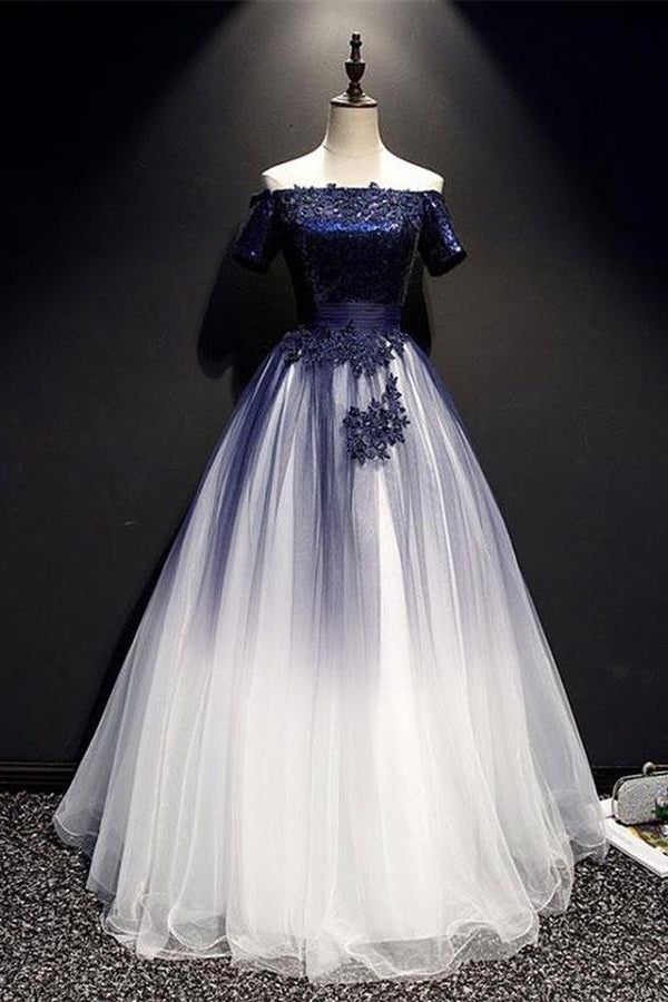 Modest Royal Blue Long Flowy Evening Prom Dresses With Lace Appliques