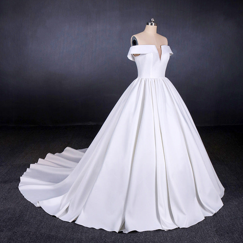 Simple Off The Shoulder Ivory Satin Wedding Dresses Lace Up Wedding Gowns