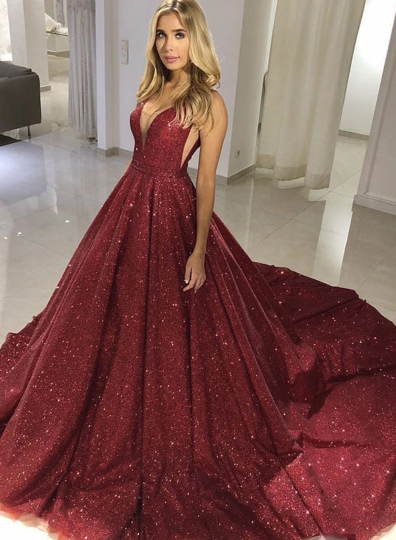 Sparkly Tight Long Ball Gown Sequin Shiny Burgundy Princess Prom Dresses