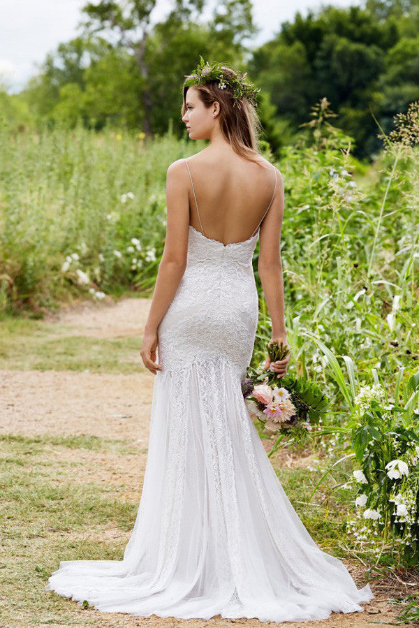 Simple Sweetheart Spaghetti Strap Sleeveless Low Back Lace Mermaid Wedding Dresses