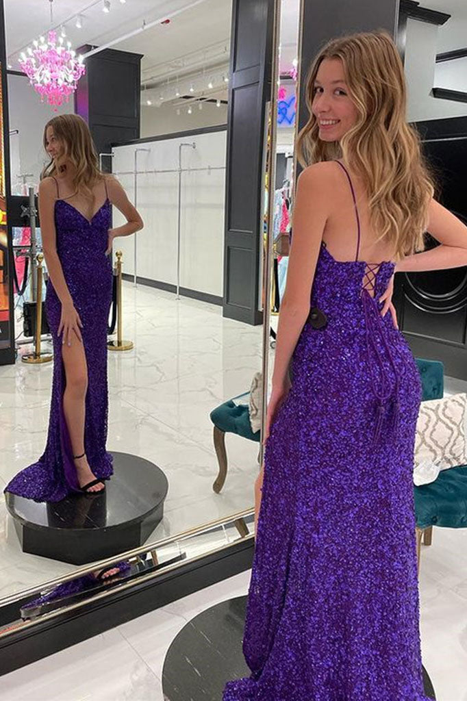 Sequins Grape V-Neck High Slit Formal Graduation Evening Dresses Long Prom Dresses