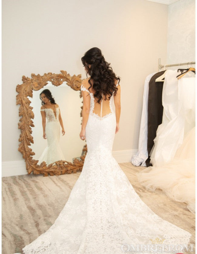 Vintage Off Shoulder Deep V Neck Mermaid Lace Wedding Dresses