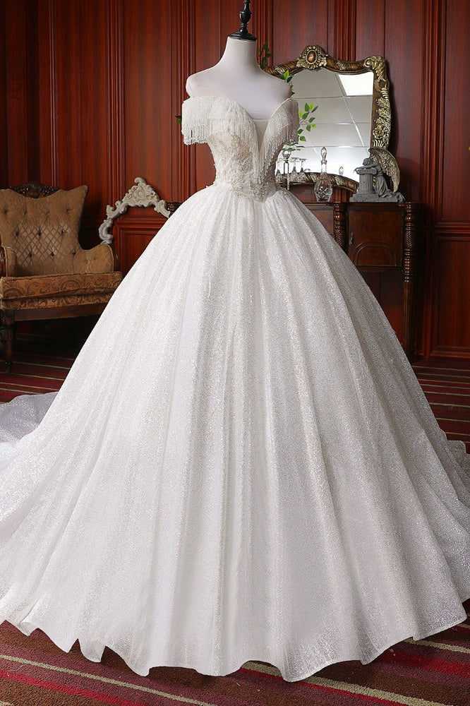 Pretty Sequin Shiny Ball Gown Modest Long Wedding Dresses Bridal Gowns