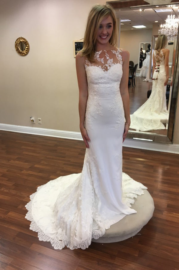 Sheer Sleeveless Sweep Train Wedding Gown,Appliques Cheap Wedding Dress