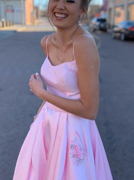 Simple Pink A-line Spaghetti Straps Satin Long Prom Dresses