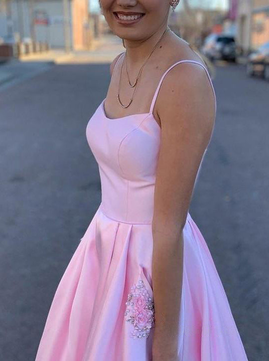 Simple Pink A-line Spaghetti Straps Satin Long Prom Dresses