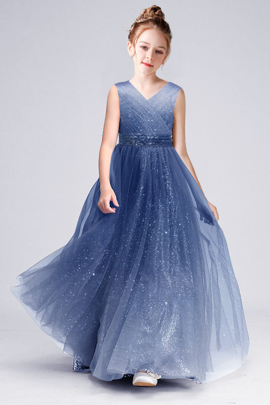 A Line Sparkle Blue V-Neck Sleeveless Flower Girl Dresses