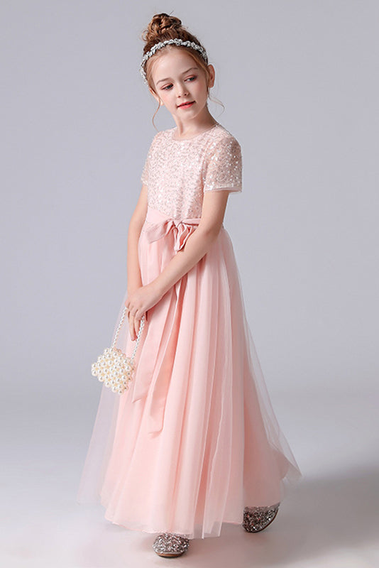 Cute Pink Tulle Sequins Flower Girl Dresses With Belt