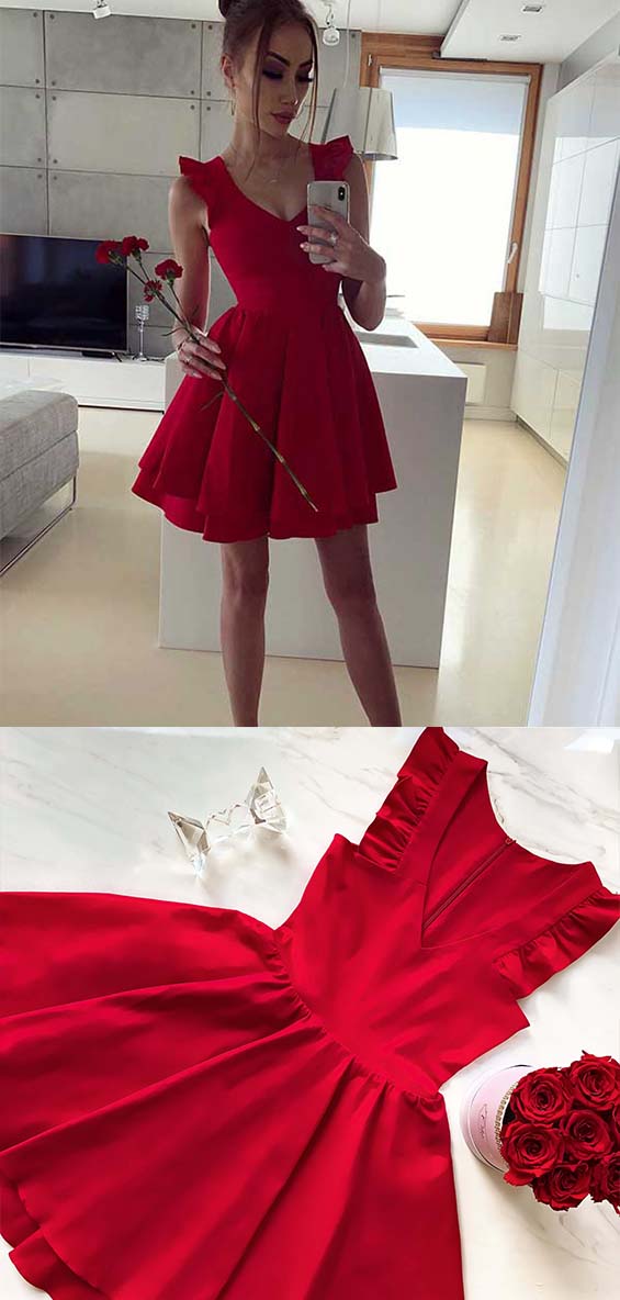 Sexy Red Satin Sleeveless A Line V Neck Homecoming Dresses