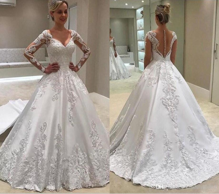 Elegant Long Sleeves Plus Size Ball Gown Lace Appliques Satin Wedding Dresses For Women