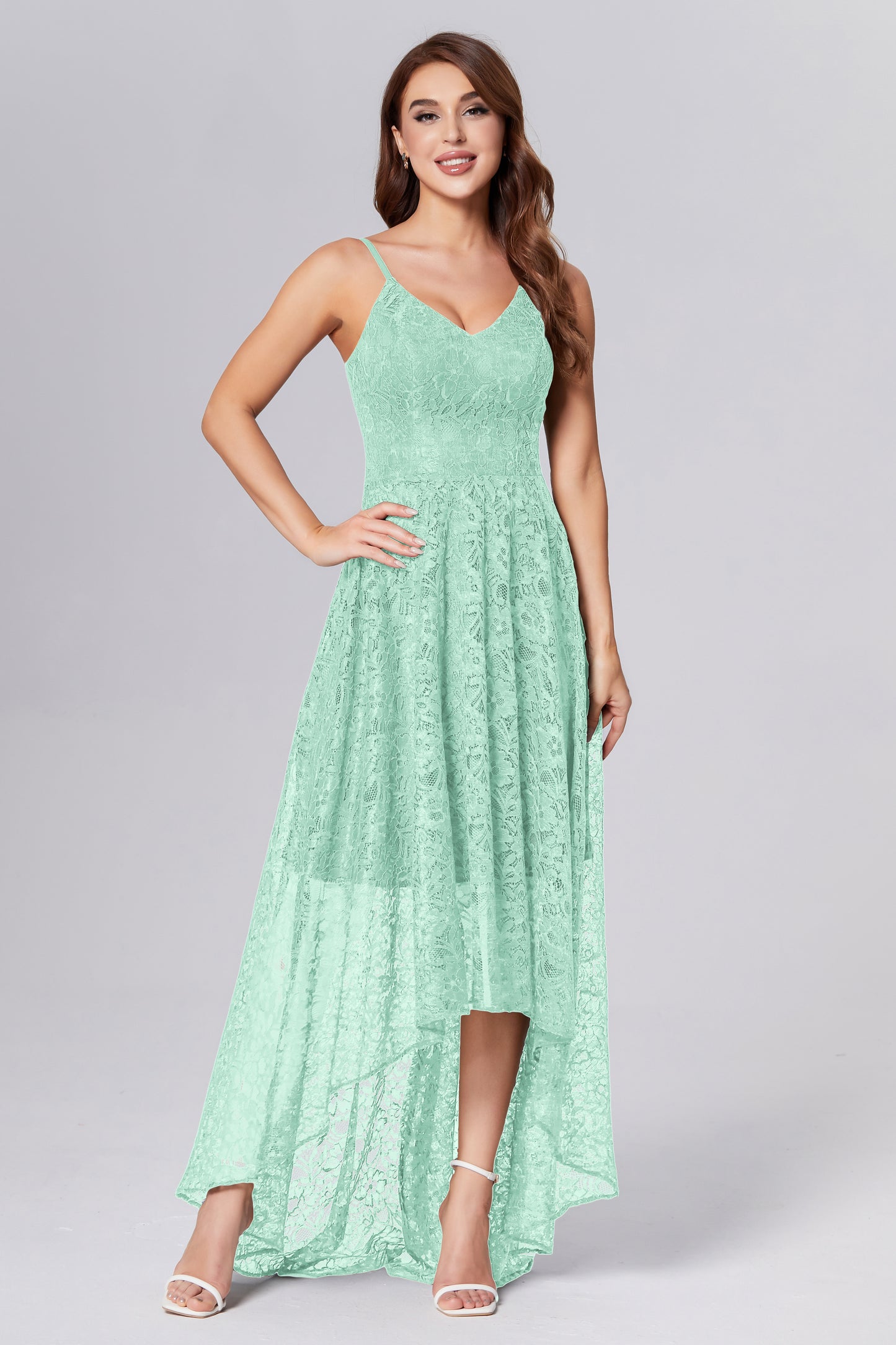 A-line High Low Lace Prom Dresses