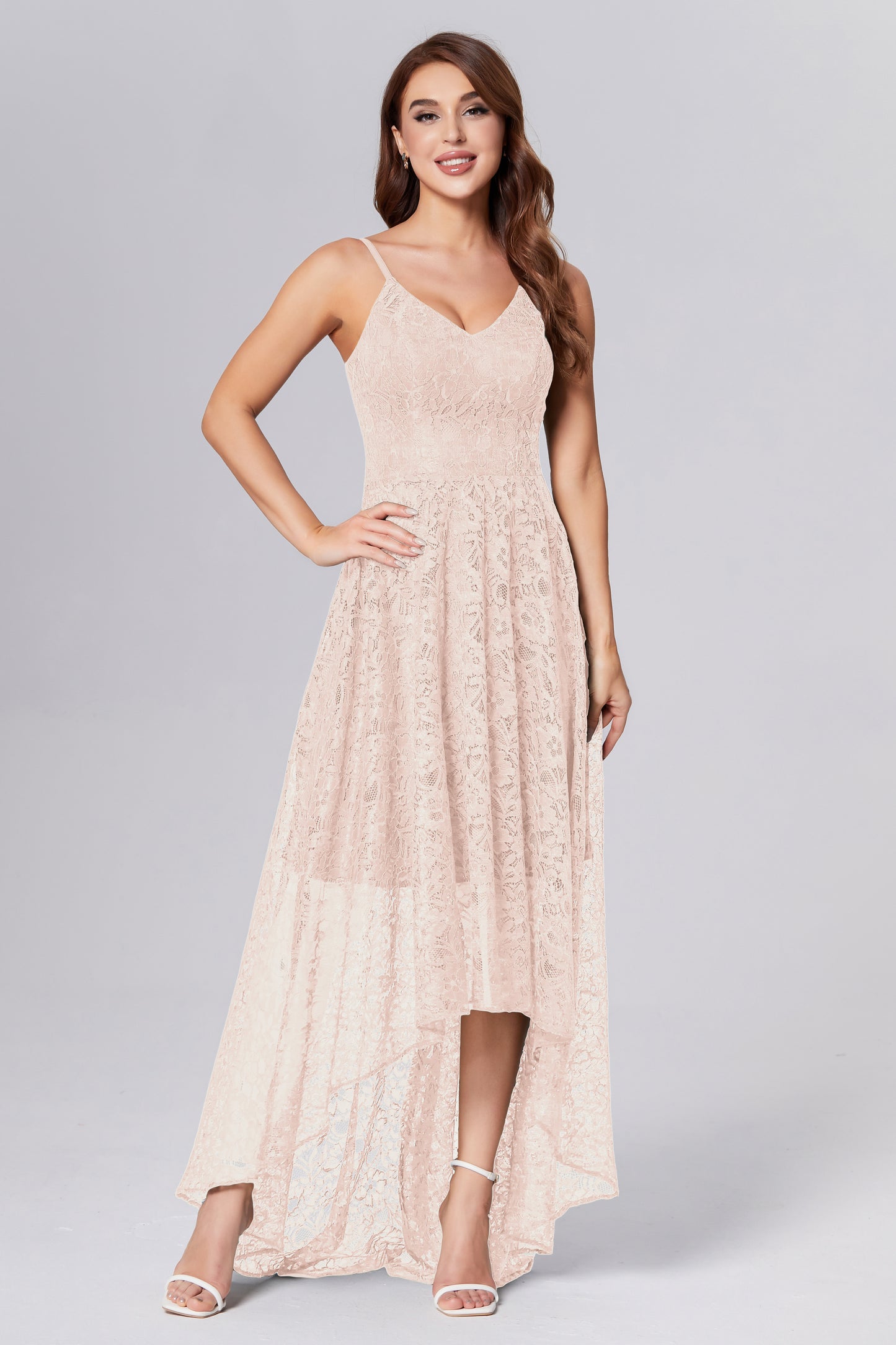 A-line High Low Lace Prom Dresses