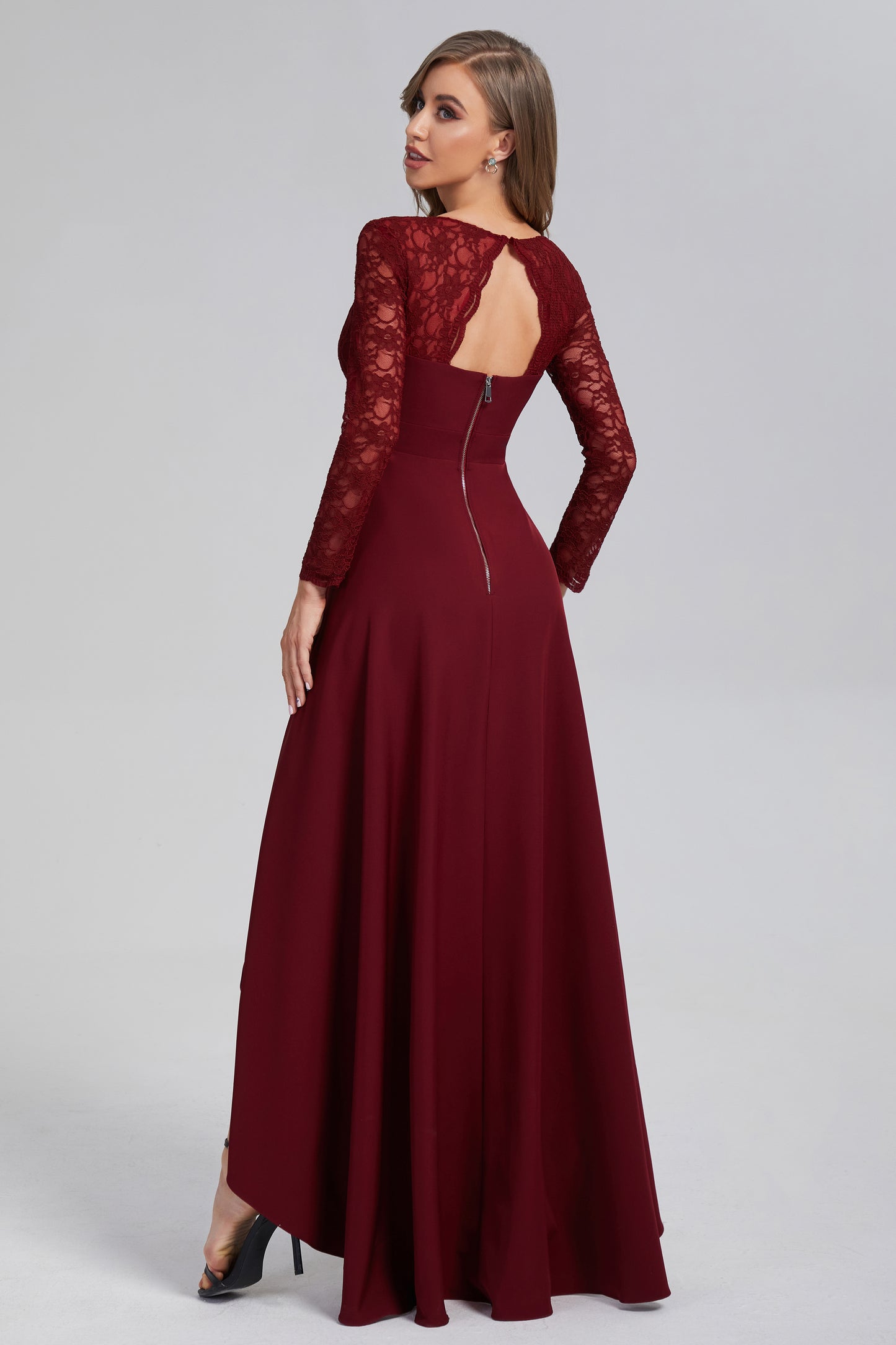 High Low Long Sleeve Open Back Prom Dresses