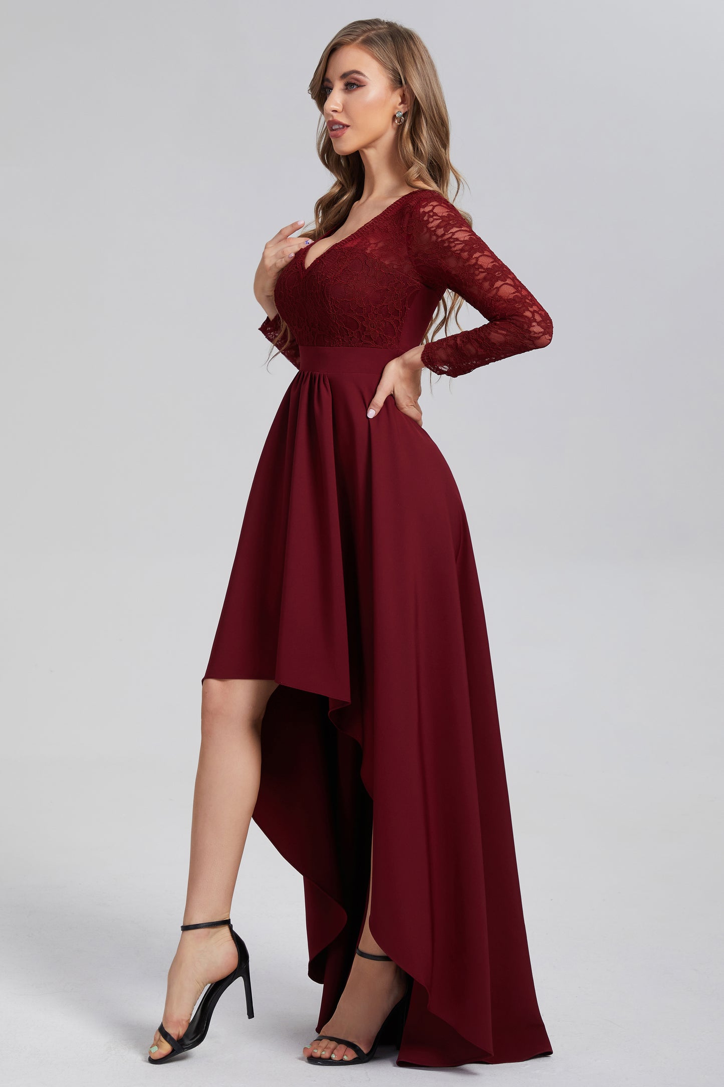 High Low Long Sleeve Open Back Prom Dresses