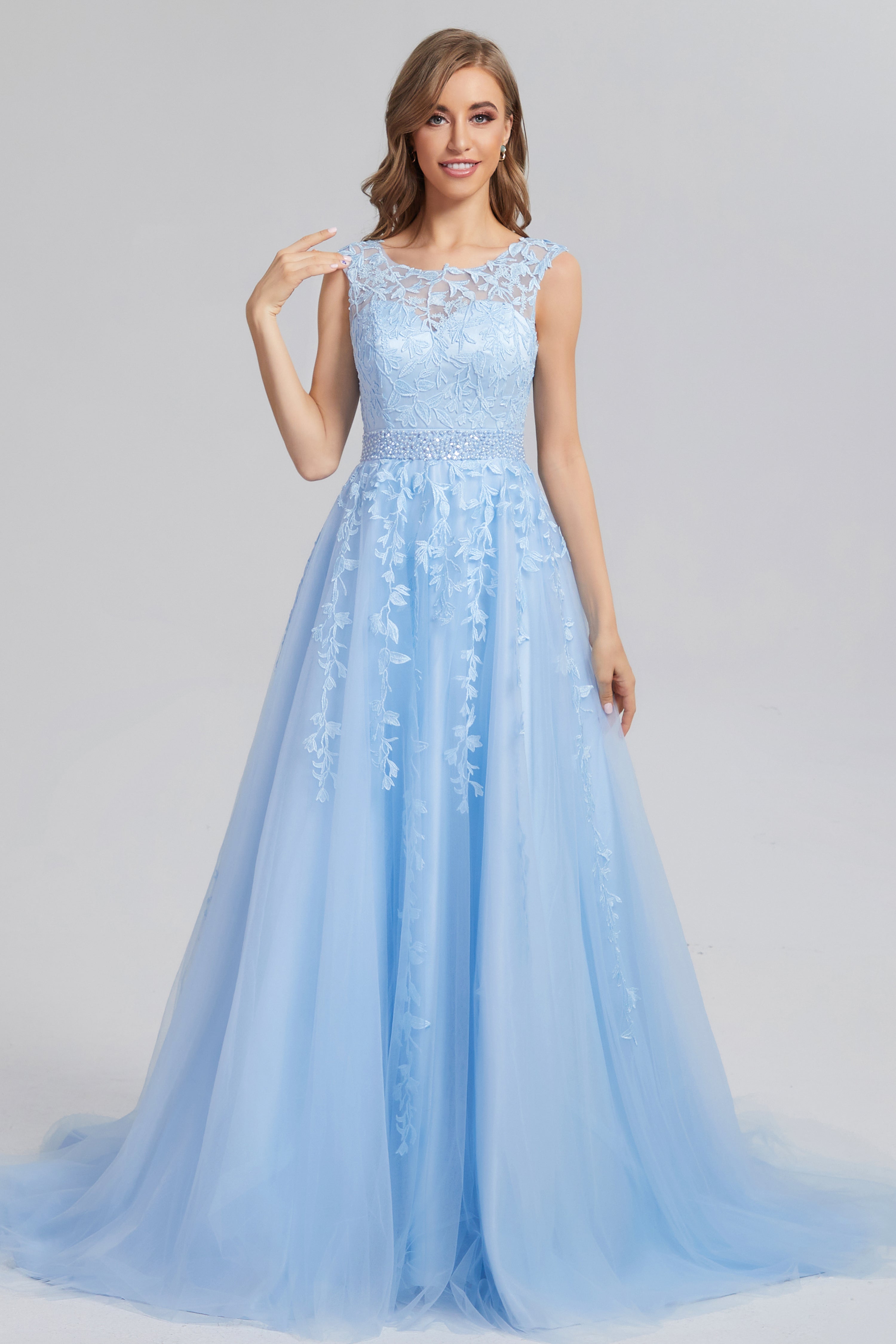 Lace up Appliques Prom Dresses with Pocket