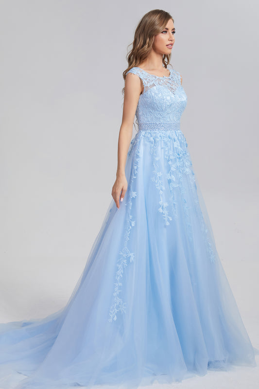 Lace up Appliques Prom Dresses with Pocket
