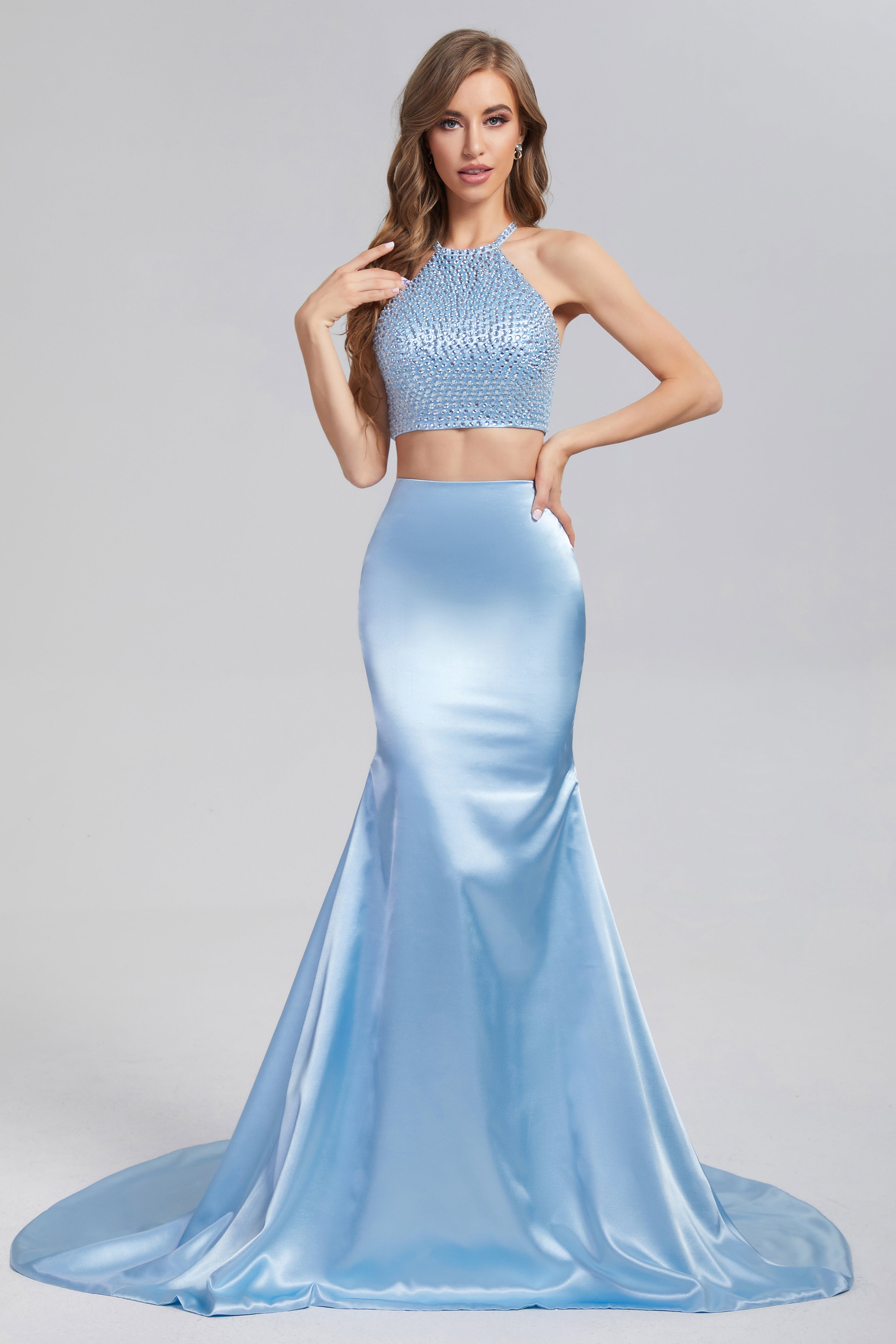 Mermaid 2-Piece Beading Prom Dresses with Trailing