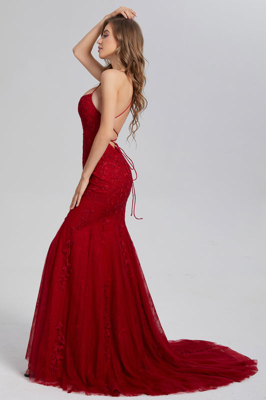 Mermaid Appliques Lace Prom Dresses with Trailing