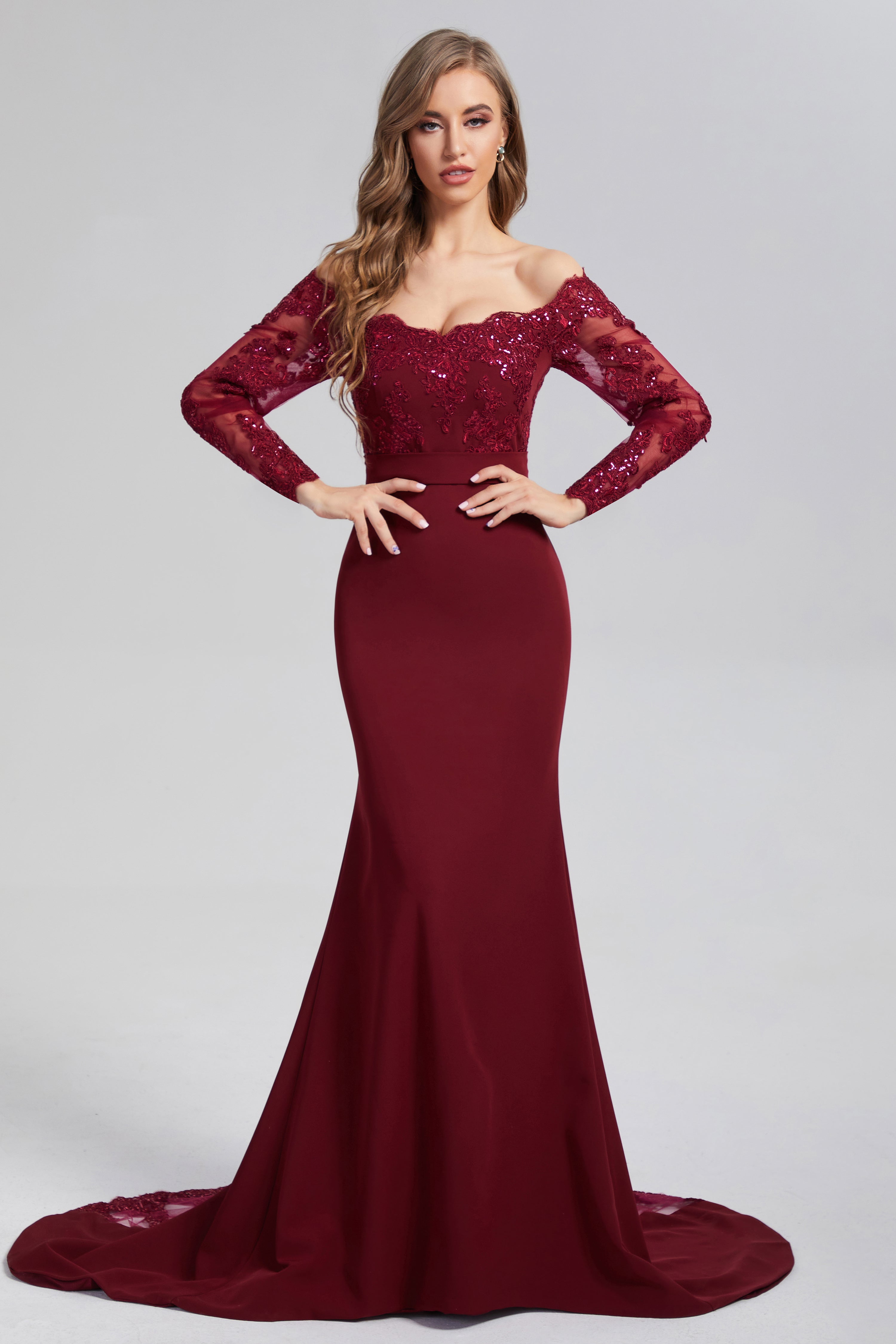 Mermaid Button Long Sleeve Prom Dresses with Trailing