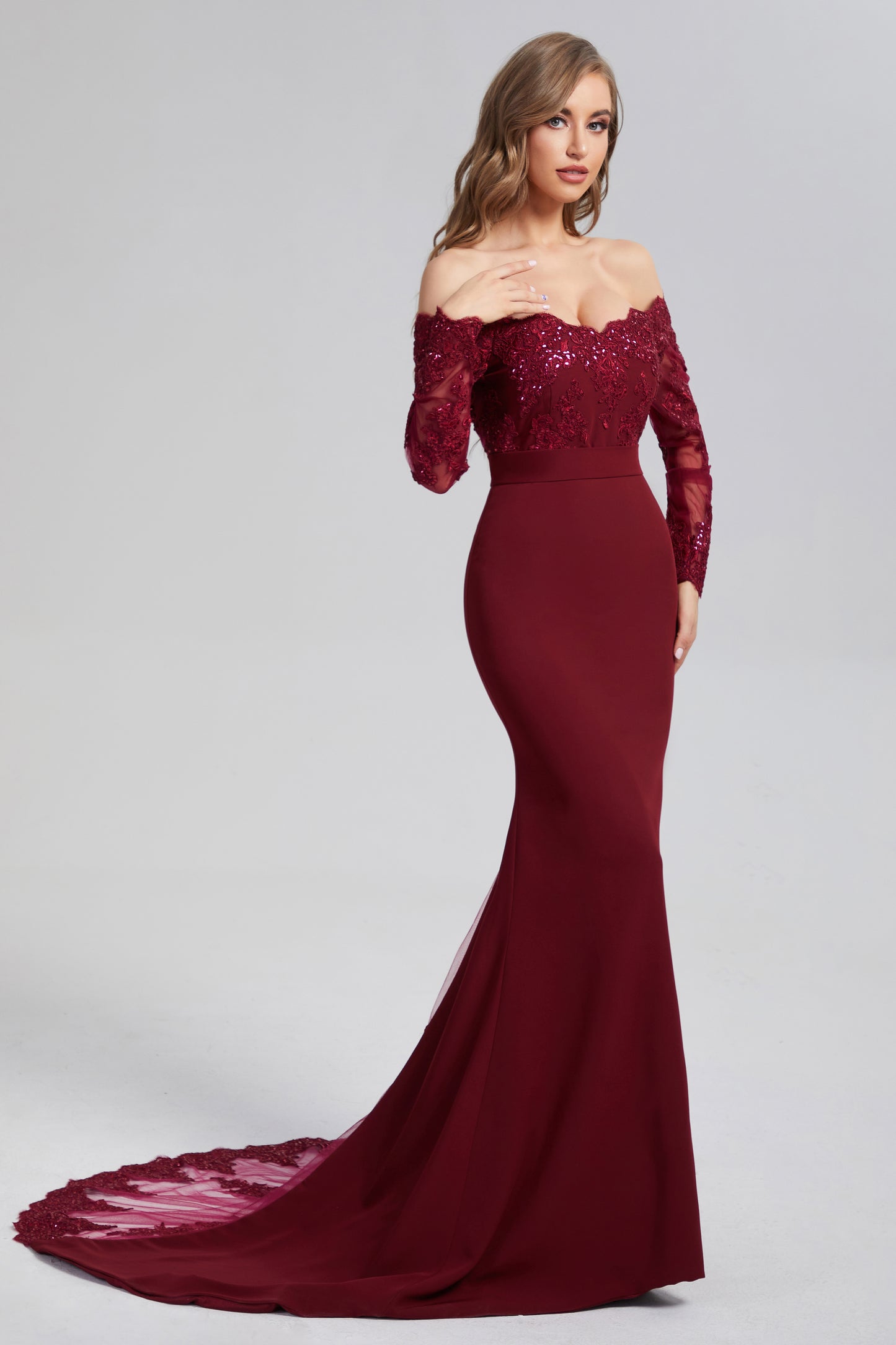 Mermaid Button Long Sleeve Prom Dresses with Trailing